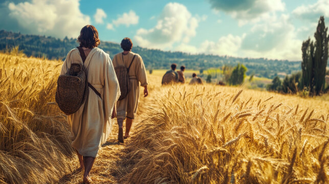 Journey of faith disciples walking through golden fields rural landscape natural setting inspirational concept