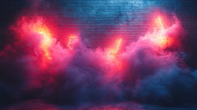 A red and blue brick wall exploding with smoke, dust, and dynamic neon lights