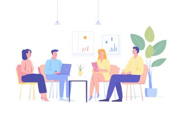 A group of people sitting around a table. One of the people is using a laptop. There is a potted plant in the background