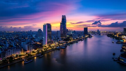 Fototapeta premium Breathtaking Skyline of Ho Chi Minh City at Dusk with River Reflections and Vibrant Colors : Generative AI