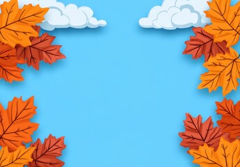 Autumn leaves border on a light blue background with pixelated clouds. Orange and brown maple leaves arranged around a central empty space, suitable
