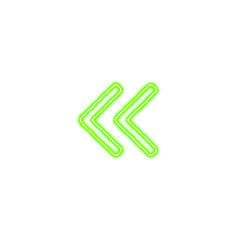 Icon Angle double left from the flow of energy of green color. Shimmering neon