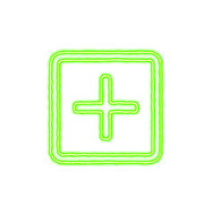 Fototapeta premium Icon plus square from the flow of energy of green color. Shimmering neon