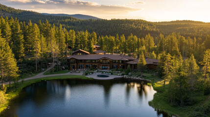 Fototapeta premium Nature retreat lodge by a serene lake in the mountains aerial view tranquil environment for relaxation