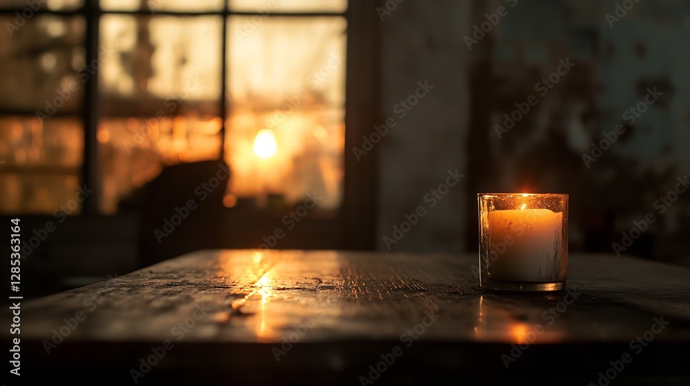 Aufkleber Warm candlelight flickering on a rustic table against a moody window backdrop at sunset : Generative AI