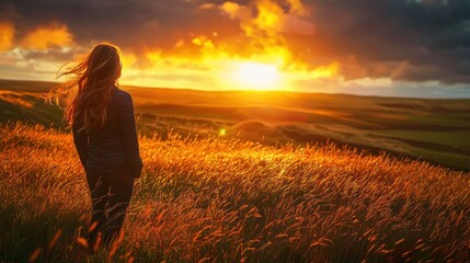 Fototapeta premium Golden Hour Serenity: A Woman Silhouetted Against a Vibrant Sunset Over Rolling Hills