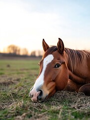 Obraz premium Calm brown horse resting on green grass field during golden hour : Generative AI