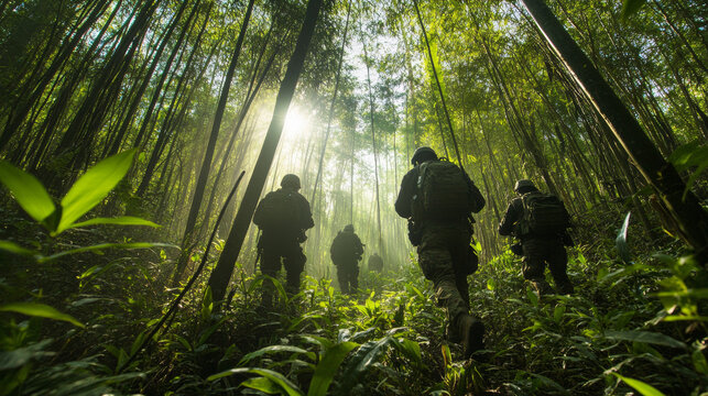 Military personnel trekking through lush bamboo forest nature exploration vietnam adventure photography low angle view action