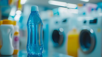 Bottle of Blue Liquid Placed on a Counter in a Laundry Facility Surrounded by Washing Machines and Detergent Containers During Daytime