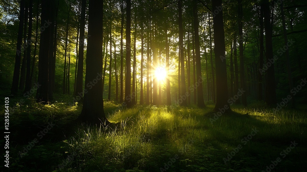 Poster sunlight streaming through lush forest trees creating picturesque natural scene : generative ai