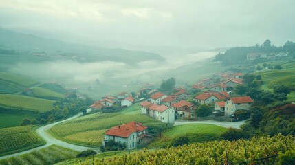 Serene Morning in Rioja: Foggy Landscape with Charming Vineyards and Houses