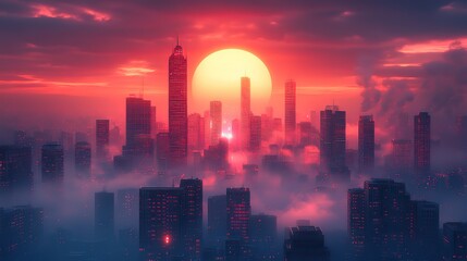 Fototapeta premium A retro futuristic cityscape rises against a glowing grid and setting sun, creating a captivating scene