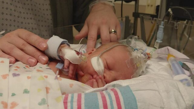 Closeup Of Mother Stroking a Newborn Babys head at the NICU