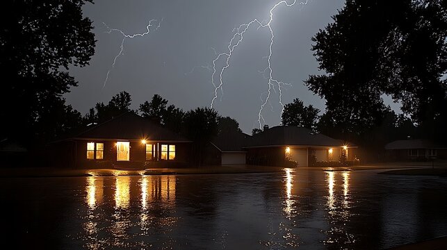 A house is struck by lightning during a storm at night