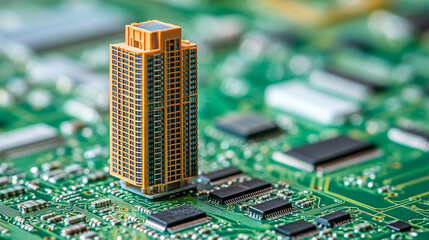 Small smart city skyscraper tower building models placed on a circuit board, symbolizing futuristic technology, internet connectivity, modern engineering, and business innovation