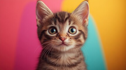 Obraz premium A retro-inspired image of a cute kitten with a rainbow background adds a playful and whimsical touch