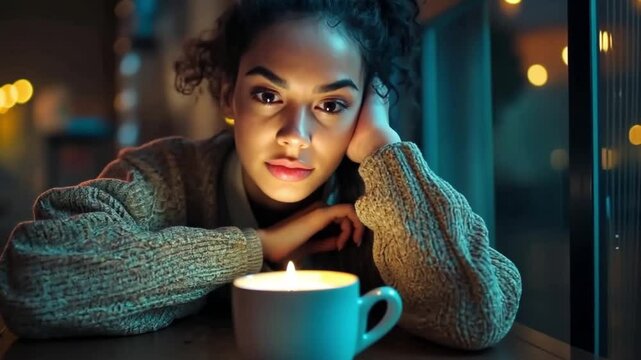 A young woman sits quietly with a cup of coffee. She appears deep in thought against a softly lit backdrop. Ideal for lifestyle imagery and reflective moments. Generative AI