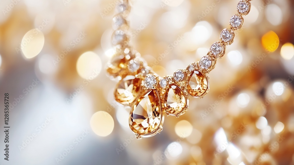 Poster elegant close up of golden jewelry with sparkling diamonds and luminous bokeh background : generativ