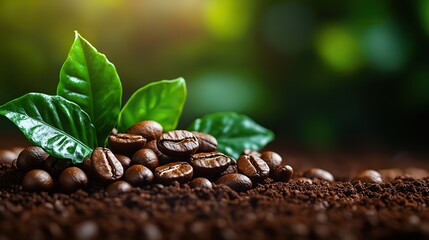 A rich coffee-themed backdrop with leaves and coffee beans creates a warm and inviting atmosphere, perfect for adding text or showcasing coffee-related content