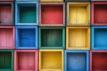 Multicolored wooden boxes arranged in random order showcasing vibrant hues and creative design,...