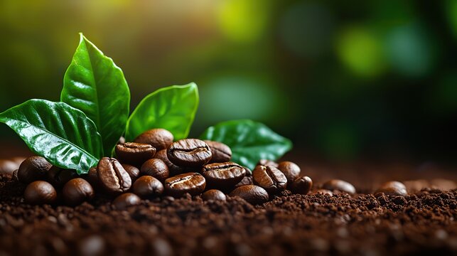 A rich coffee-themed backdrop with leaves and coffee beans creates a warm and inviting atmosphere, perfect for adding text or showcasing coffee-related content