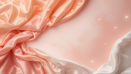 Peach fuzz coral gold pink rose white beige silk satin velvet fabric. Gradient. Luxury elegant background. Fold drapery. Shimmer glow glitter light. Design.Template. Flat lay, table top view