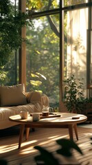 Fototapeta premium Cozy Living Space With a Sunlit View Featuring Plants, Comfortable Seating, and a Relaxing Atmosphere Perfect for Unwinding in Nature
