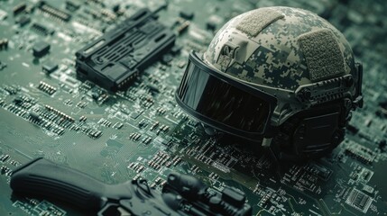 Military Tech: Helmet and Weapons on Circuit Board