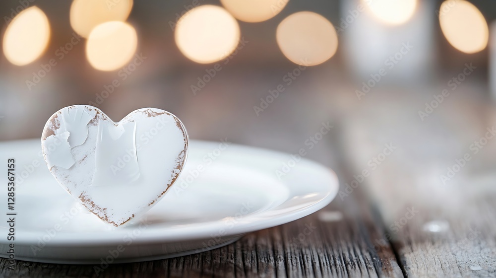 Aufkleber Artistic Display of a White Ceramic Heart on a Plate Surrounded by Bokeh Lights Creating a Romantic Ambiance : Generative AI
