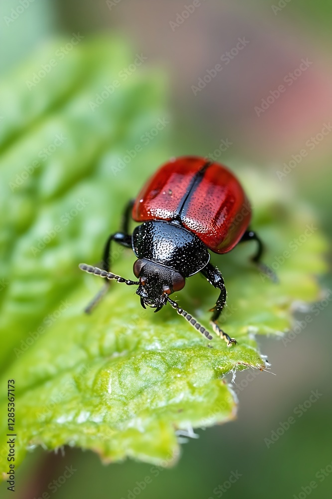 Poster detailed close-up of a vibrant red beetle crawling on a leaf amidst a natural environment : generati