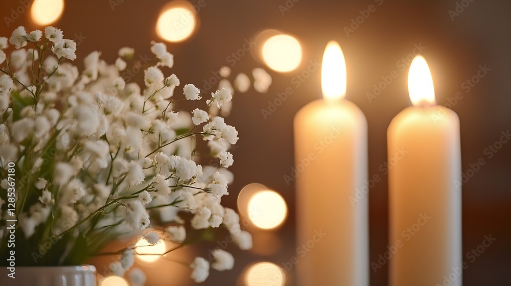 Poster elegant still life of white flowers in a vase next to sparkling candles creating a cozy atmosphere :