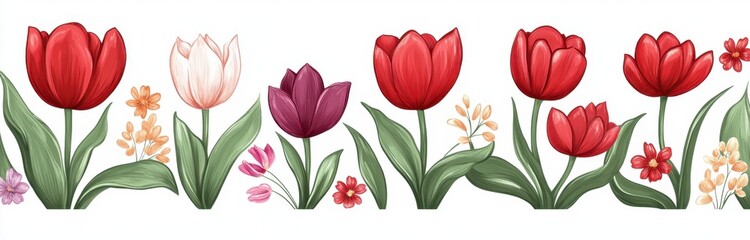 Watercolor style tulip border features red, white, and purple tulips with smaller flowers. Green leaves and stems. Perfect for spring themes