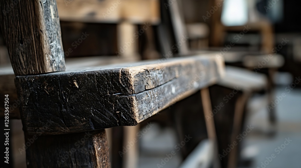 Poster close up view of a rustic wooden chair revealing intricate details and weathered textures : generati
