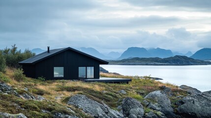 Modern Coastal House Illuminated at Dusk With Dramatic Clouds and Rocky Shoreline Near the Ocean