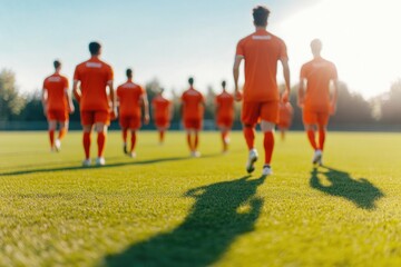 group of diverse athletes gathers on sunlit playing field their vibrant jerseys contrasting shadows beneath as they