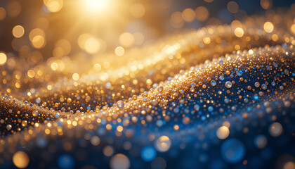 Golden Galaxy Abstract: An elegant, abstract depiction of a sparkling galaxy or celestial body, awash in a blend of shimmering gold and deep blues, with bokeh effects. 