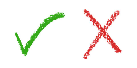 hand drawn grunge check mark & cross icons x sign on white background.