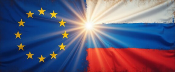 Distressed Flags: European Union and Russian Federation with Bright Light