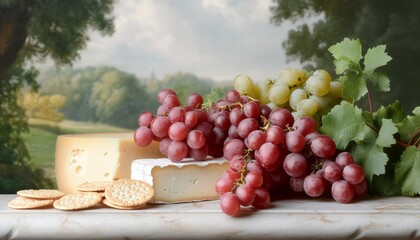 Cheese and grapes still life, countryside backdrop