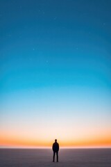 Fototapeta premium lone figure gazes into endless starry night sky standing on vast open field illuminated by moonlight with hints of