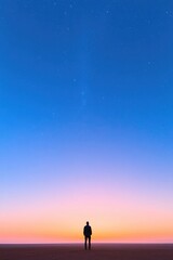 lone figure gazes into endless starry night sky standing on vast open field illuminated by moonlight with hints of