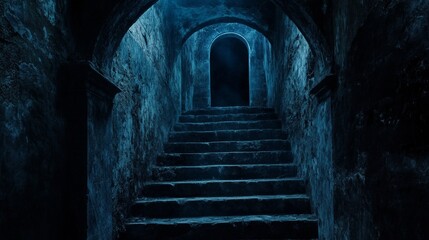 Dark, eerie staircase leading to a mysterious archway in an abandoned, dimly lit space