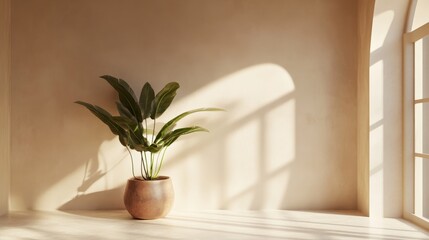 Indoor Plant in a Ceramic Pot Casting Shadows in Soft Light During the Afternoon