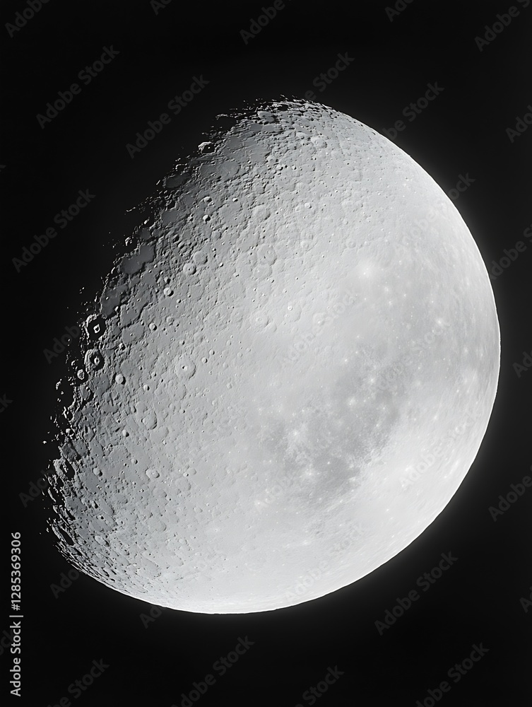 Poster High-Definition Astronomy Image of Half Moon Surface Textures and Features in Deep Space : Generative AI
