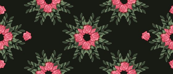 seamless floral pattern with symmetrical pink roses and lush green leaves arranged in a geometric style on a deep dark background fit for fabric print, wallpaper, gift wrapping, home decor