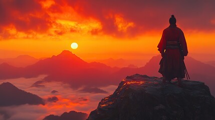 Obraz premium A samurai warrior silhouette is set against a stunning sunset in a mountain landscape, creating a powerful and evocative image