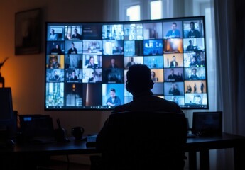 A man is sitting in front of a computer monitor with a large number of people on the screen