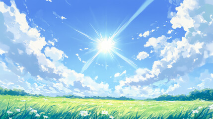 Obraz premium Blue sky, white clouds, and green grass background with the sun shining