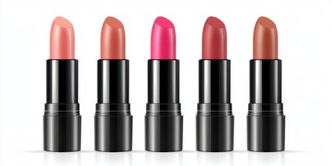 Obraz premium Five lipstick tubes in various shades of pink, brown and nude against a white background. Black casings and creamy textures are visible. A beauty