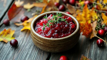 Delicious cranberry sauce garnished with fresh herbs in a brown bowl surrounded by autumn leaves